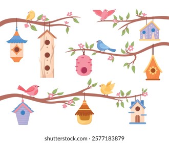 Cartoon birds and birdhouses. Cute spring tree branches with young leaves and hanging houses for wild birds. Seasonal nature elements, neoteric vector set