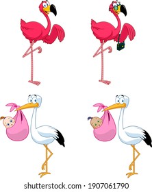 Cartoon Birds Characters. Vector Collection Set Isolated On White Background
