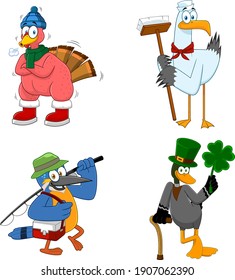 Cartoon Birds Characters. Vector Collection Set Isolated On White Background