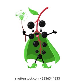 Cartoon birds cherry berry wizard, mage or magician character. Vector magic vitamin food personage casting spell with wand. Funny smiling sorcerer in green cape, healthy fascinator, wiz berry bunch