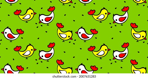 Cartoon birds or chickens pecking seeds, green background. Seamless pattern for printing on textiles, packaging 