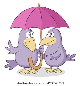 Cartoon Birds, Crows Friends Chatting Under a Pink Umbrella, Isolated on White Background. Vector