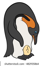 Cartoon birds. Cute father penguin looks at the egg and smiles.