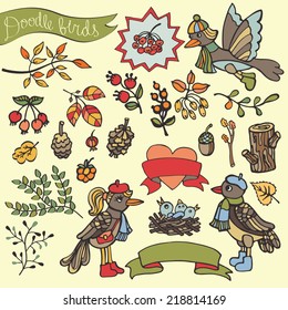 Cartoon birds and floral element. Berries,Nest with Chicks,wood,ribbon,branches,acorn,cone,spruce,wood. Funny forest autumn set for design template.Vector