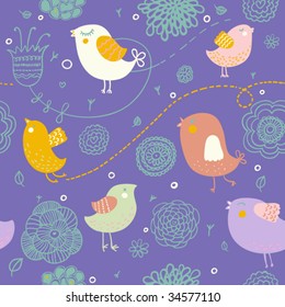 Cartoon birds in flowers. Seamless pattern