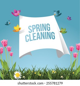 Cartoon birds flying with spring cleaning message EPS 10 vector royalty free stock illustration for greeting card, ad, promotion, poster, flier, blog, article