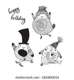 Cartoon Birds. Hand-drawn vector illustration on white background. Sketch. Isolated elements design for invitations, greeting cards.