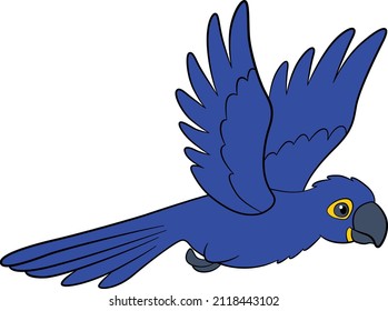 Cartoon birds. Happy parrot blue macaw flies and smiles.