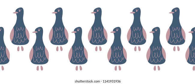 Cartoon birds horizontal pattern. Vector doves.