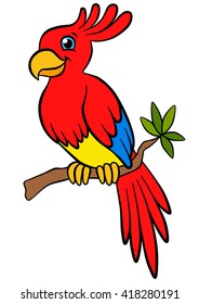 Cartoon birds for kids. Little cute parrot sits on the tree branch and smiles.