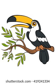 Cartoon birds for kids. Little cute toucan sits on the tree branch and smiles.