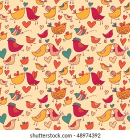 Cartoon birds in love. Colorful seamless pattern