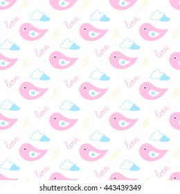 Cartoon birds in love in gentle pink colors flying in the clouds pattern