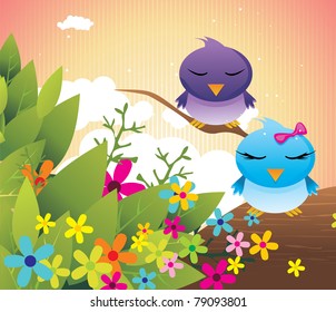 cartoon birds in love vector illustration