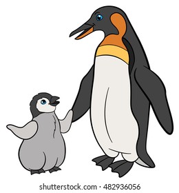 Cartoon birds. Mother penguin with her little cute baby penguin.