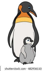 Cartoon birds. Mother penguin stands with her little cute baby and smiles.