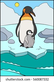 Cartoon birds. Mother penguin stands with her little cute baby on the ice and smiles.