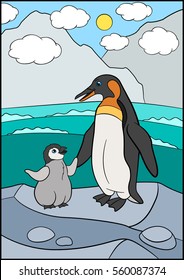 Cartoon birds. Mother penguin stands on the stone with her little cute baby penguin.