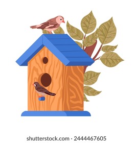 Cartoon birds nest. Wooden hand crafted bird house, bird house with feeder on oak tree flat vector illustration. Nesting bird house
