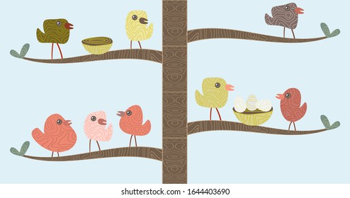 Cartoon birds on branches. Hand drawn vector illustration.