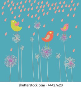 Cartoon birds on flowers