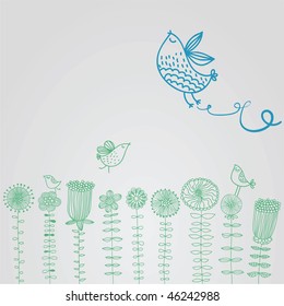 Cartoon birds on the flowers