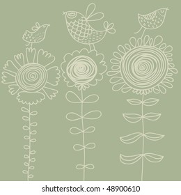 Cartoon birds on flowers in green