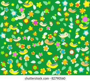cartoon birds on green background with flower decor