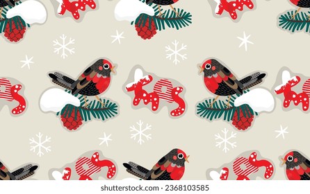 Cartoon birds on a pine branch with cone and hand written text.Christmas seamless pattern with cute character and lettering.Colorful background for printing on fabric and paper.Vector illustration.