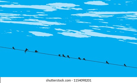 Cartoon birds on wire in blue sky