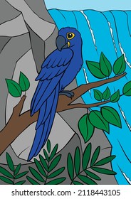 Cartoon birds. Parrot blue macaw sits on the tree branch in front of the waterfall and smiles.