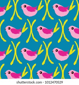 Cartoon Birds Pattern with Pink Birds and a Blue Bird.