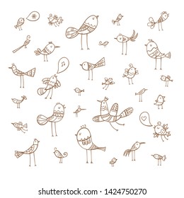 Cartoon birds set. Funny animals collection. Doodle style. Vector contour image no fill.