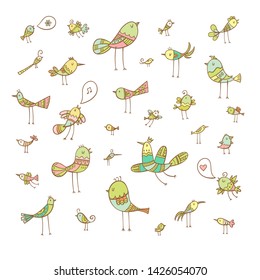 Cartoon birds set. Funny animals collection. Doodle style. Vector contour colorful  image.