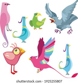 Cartoon birds set.Many different birds.