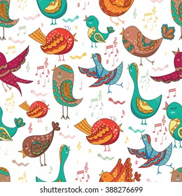 Cartoon birds Singing Summer Seamless Vector Illustration.Endless background. Beautiful seamless pattern in. Vector backdrop. Summer template. Use for wallpaper,pattern fills, web page background.