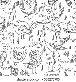 Cartoon birds Singing Summer Seamless Endless Vector Illustration.Beautiful seamless pattern.Use for wallpaper,pattern fills, web page background. Coloring  pages for adults. Coloring book