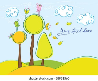 cartoon birds sitting on autumn trees
