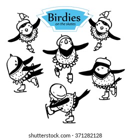 Cartoon birds skating on ice