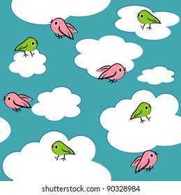 cartoon birds in sky seamless pattern. clouds texture and background