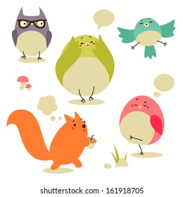 Cartoon birds and squirrel