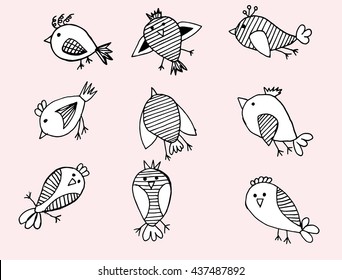 Cartoon birds. Stylized birds. Set. Line art. Black and white drawing by hand. Doodle.