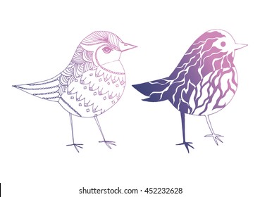 Cartoon birds. Stylized birds. Set. Line art. Black and white drawing by hand. Doodle. Zentangle. Tattoo.