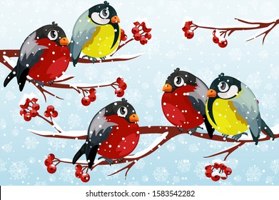 Cartoon birds Tits and Bullfinches on branch Rowan tree under the snowfall. For Christmas decoration, posters, banners and winter sales. Vector illustration Winter season. Other object on separate