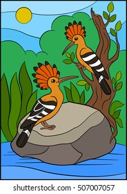 Cartoon birds. Two cute beautiful hoopoes sit and smile.