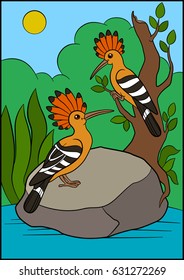 Cartoon birds. Two cute beautiful hoopoes sit and smile.