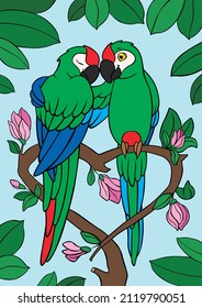 Cartoon birds. Two cute parrots green macaw sit on the tree branch. They are in love. The branch looks like a heart.