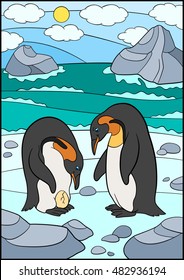 Cartoon birds. Two cute penguins look at the egg and smile.
