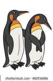 Cartoon birds. Two little cute penguins stand and smile.