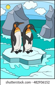 Cartoon birds. Two little cute penguins stand on the ice-floe in the ocean and smile.